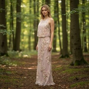 Adrianna Papell Pink Floral Embroidered Halter Neck Maxi Dress Size 2